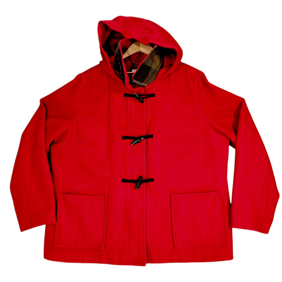 Old Navy sz XXL Women Hooded Pea Coat Red Wool Plaid Trim Zip Toggle Button READ - Picture 1 of 13